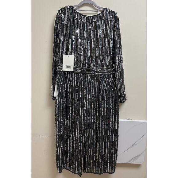 Mac Duggal 93590A Gray Sequin Beaded Long Sleeve Cocktail Dress Size 16 NWT - Picture 5 of 11